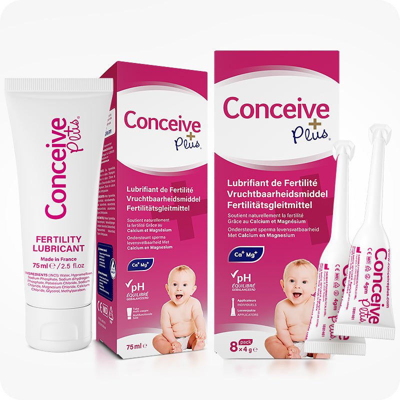 Conceive Plus Fertility Lubricant Bundle (FR) featuring a 75ml fertility lubricant tube, a boxed 8-pack of pre-filled applicators, and outer retail packaging with French, Dutch, and German labeling; product is arranged neatly with baby imagery and pH and mineral icons for easy identification.