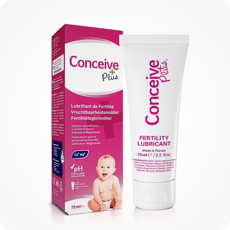 For Conceive Plus Fertility Lubricant Tube (FR), image displays a 75ml tube positioned beside its multilingual retail box featuring French, Dutch, and German. The packaging emphasizes support for sperm viability with calcium and magnesium ions, pH balance, and its intended use by couples trying to conceive, illustrated with a baby image at the base of the box.
