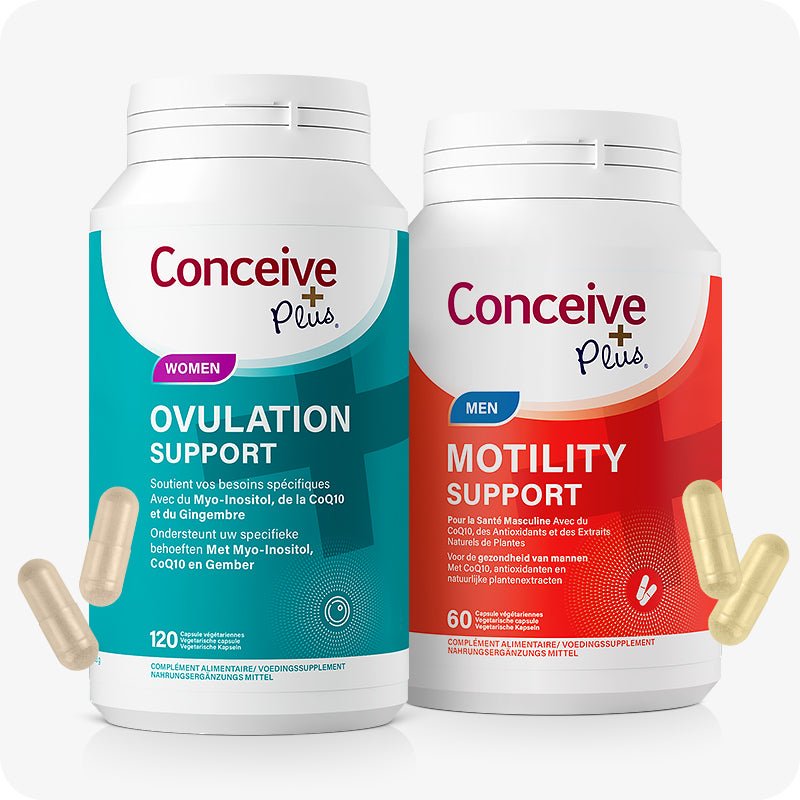 Conceive Plus Fertility Pack Ovulation & Motility Support (FR), product image showing two color-coded supplement bottles — teal for women ovulation support (120 capsules) and red for men motility support (60 capsules) — with beige and yellow capsules floating beside ovulation and motility bottles respectively, bilingual French and Dutch text visible on labels, and a white background for clear display.