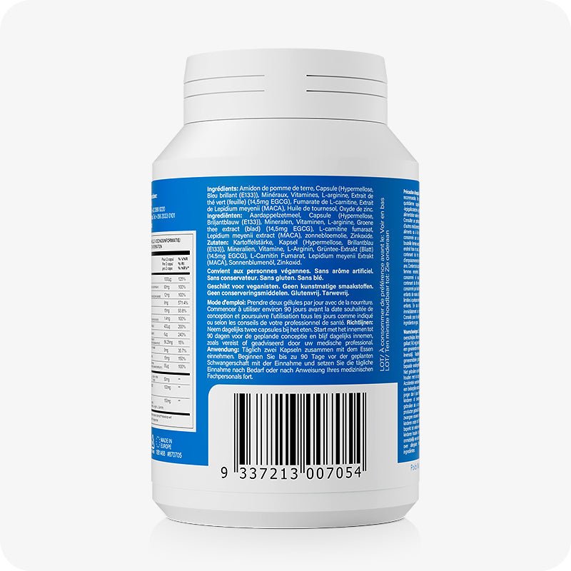 Conceive Plus Men's Fertility Support (FR) back label with visible barcode and detailed ingredient list in French and Dutch, showing vegan-friendly formula, dosage instructions, and supplement facts printed on blue and white bottle.