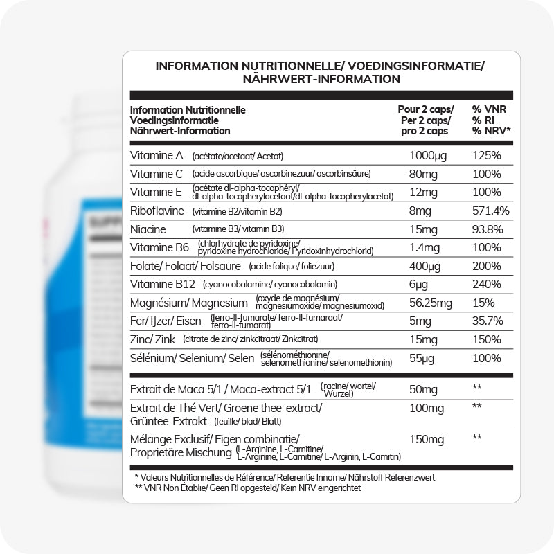 Conceive Plus Men's Fertility Support (FR) supplement facts table showing multilingual nutritional information in French, Dutch, and German, listing daily values for key vitamins, minerals, and fertility ingredients like Maca extract, zinc, selenium, and L-arginine based on two capsules per day.