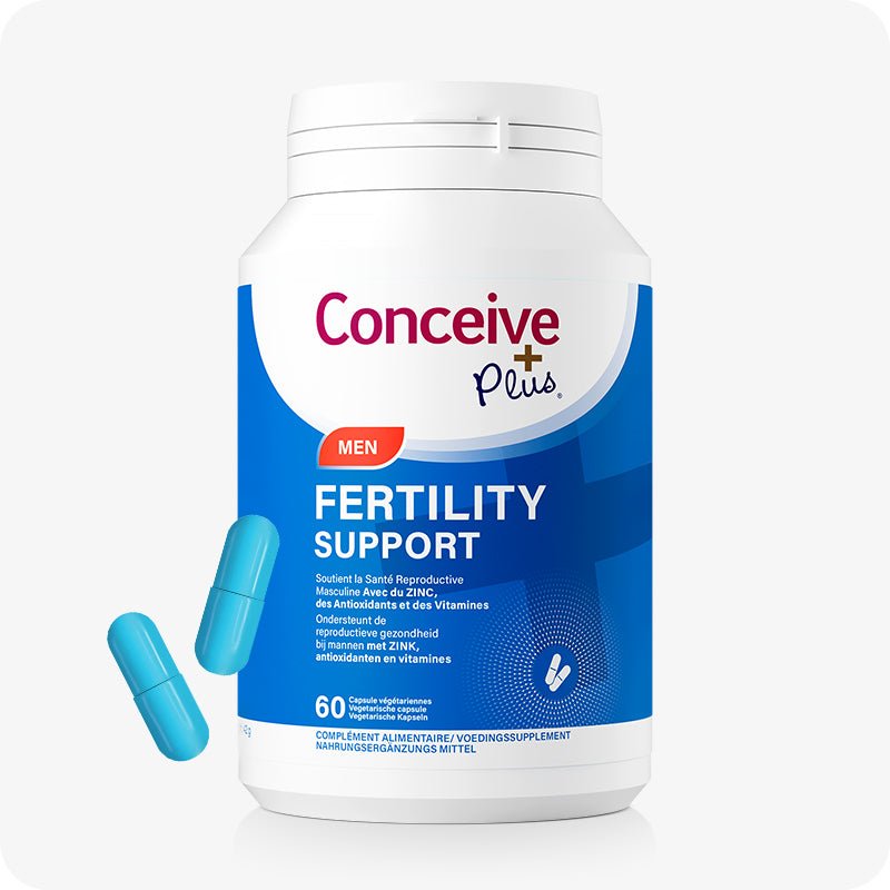 Conceive Plus Men's Fertility Support (FR) bottle featuring bilingual French and Dutch labeling, shown in blue and white packaging with 60 capsules; includes visible text such as “Soutien la Santé Reproductive Masculine” and “Voedingssupplement,” alongside two blue capsules for male fertility enhancement.