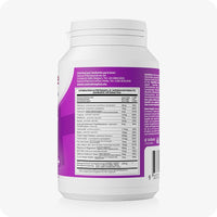 For Conceive Plus Ovulation Pack - Fertility + Ovulation Support (FR), image of side panel of Women Fertility Support bottle featuring detailed nutritional facts in French, Dutch, and German, with vitamin and mineral content per serving listed on a purple label alongside distributor contact information and a barcode.