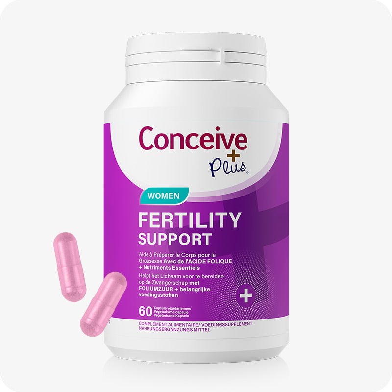 Conceive Plus Women's Fertility Support (FR) supplement bottle displayed against a white background, featuring soft pink and purple branding, a bilingual French label, and a secure screw cap; designed to visually communicate a professional fertility aid product for female reproductive health.