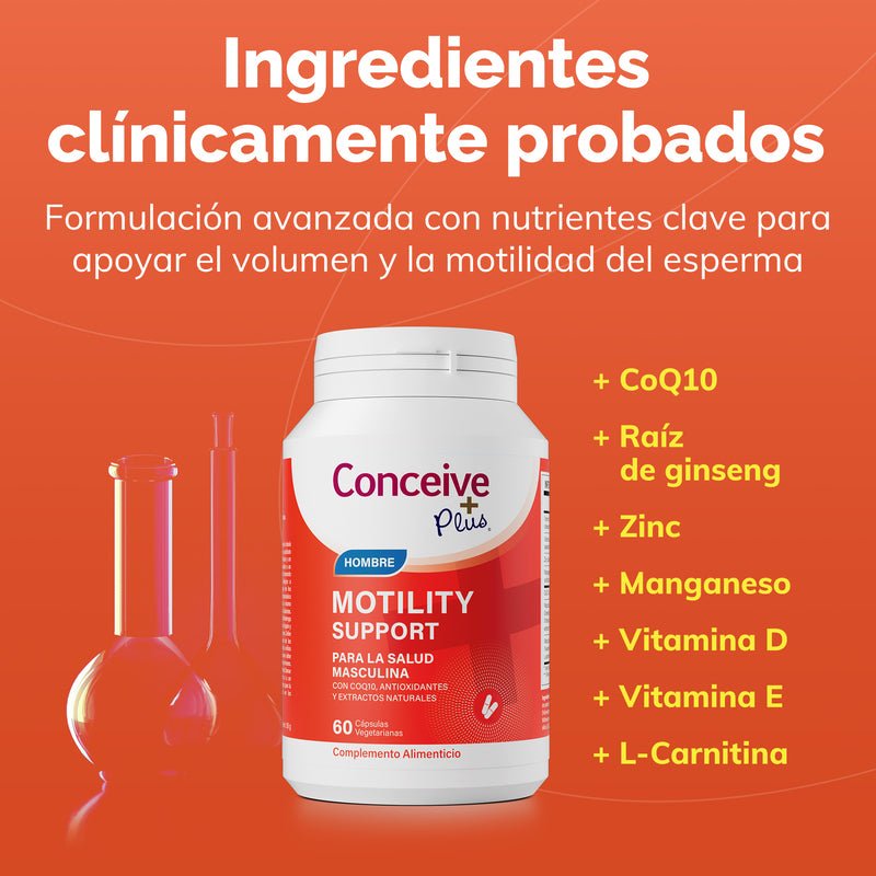 Supplement bottle labeled 'Conceive Plus' on an orange background with text about clinical ingredients.